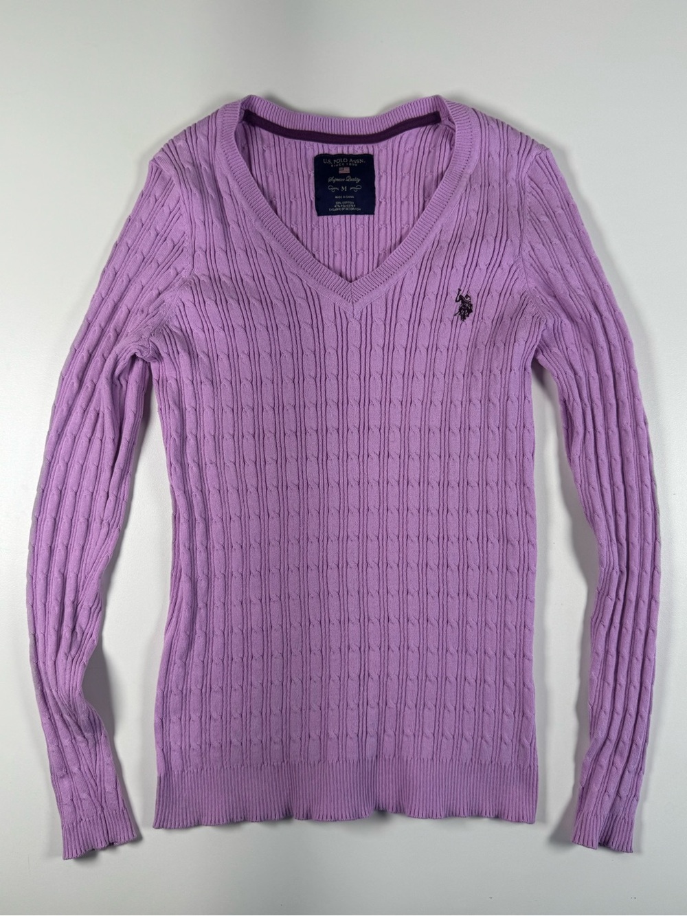 U.S. Polo Assn. Women's Light Purple Cable Knit V-Neck Sweater